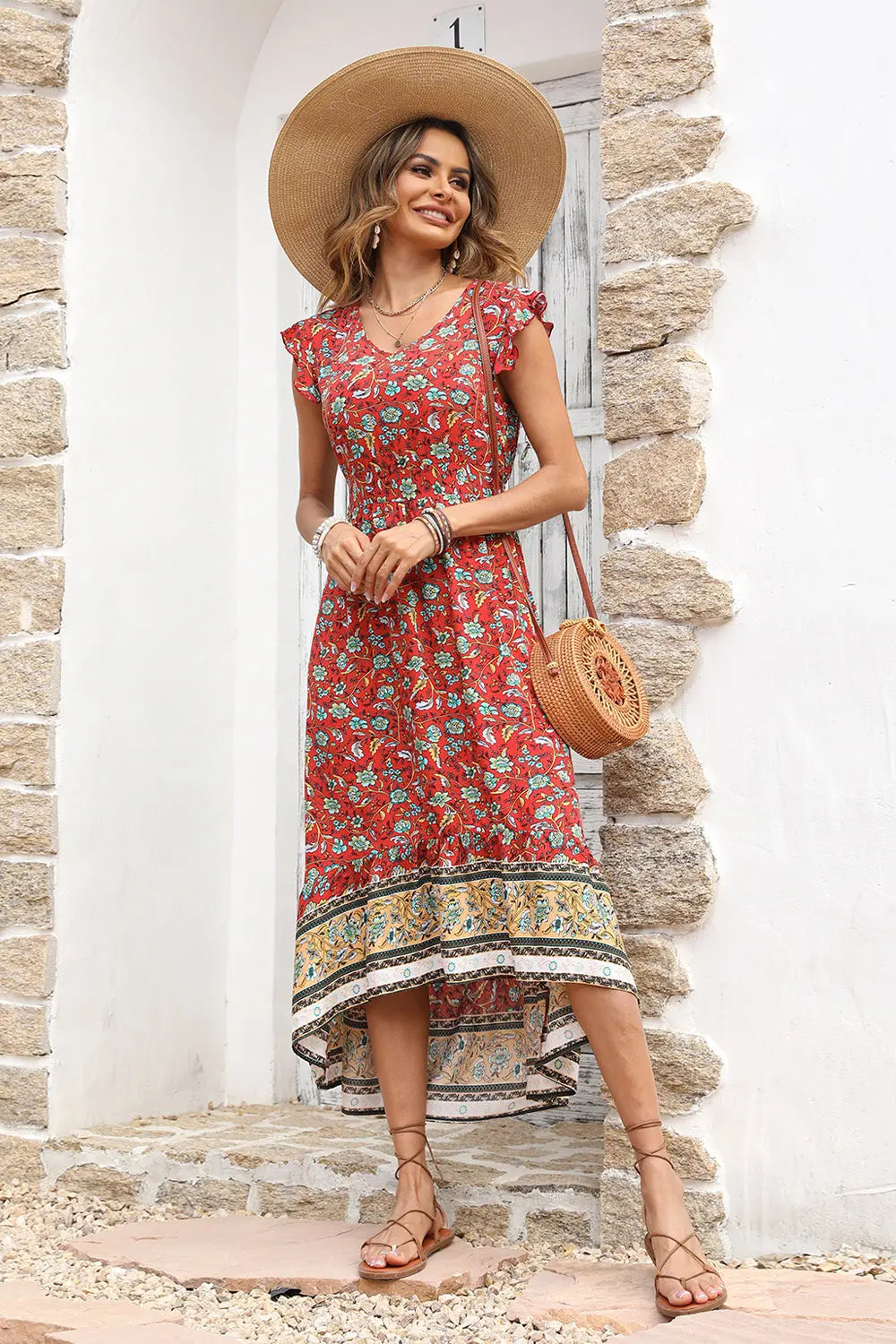 Women's Floral V Neck Cap Sleeves Boho High Low Flowy Midi Long Sun Dresses PRETTYGARDEN