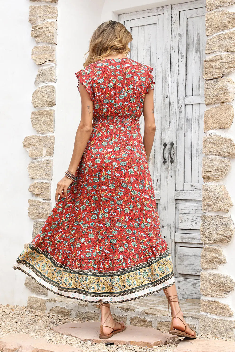 Women's Floral V Neck Cap Sleeves Boho High Low Flowy Midi Long Sun Dresses PRETTYGARDEN