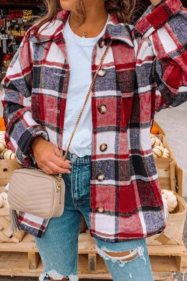 Women's Oversized Flannel Plaid Shirt Jacket Button-down Shacket PRETTYGARDEN