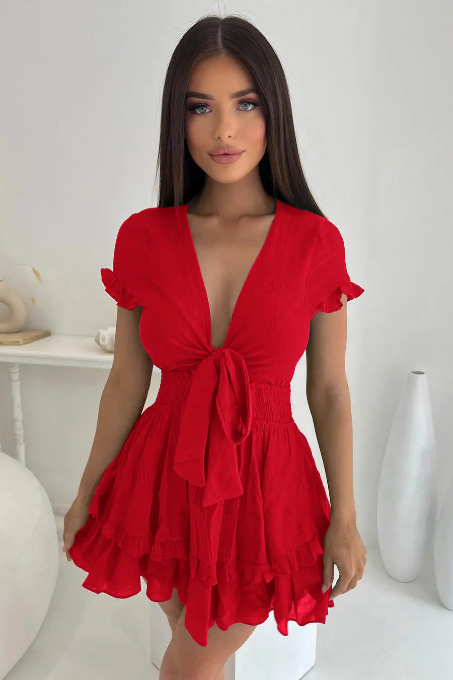 Women's Tie Front V Neck Short Sleeve Ruffle Layer A-Line Mini Dress PRETTYGARDEN