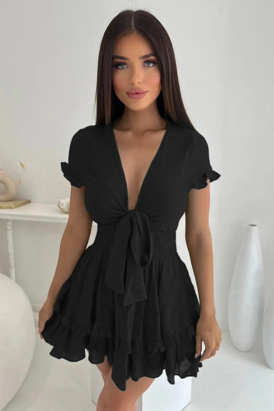 Women's Tie Front V Neck Short Sleeve Ruffle Layer A-Line Mini Dress PRETTYGARDEN