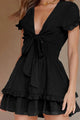 Women's Tie Front V Neck Short Sleeve Ruffle Layer A-Line Mini Dress PRETTYGARDEN