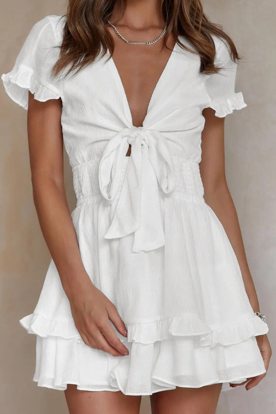 Women's Tie Front V Neck Short Sleeve Ruffle Layer A-Line Mini Dress PRETTYGARDEN