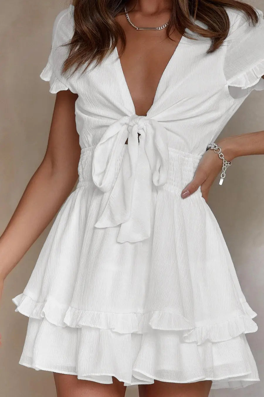 Women's Tie Front V Neck Short Sleeve Ruffle Layer A-Line Mini Dress PRETTYGARDEN