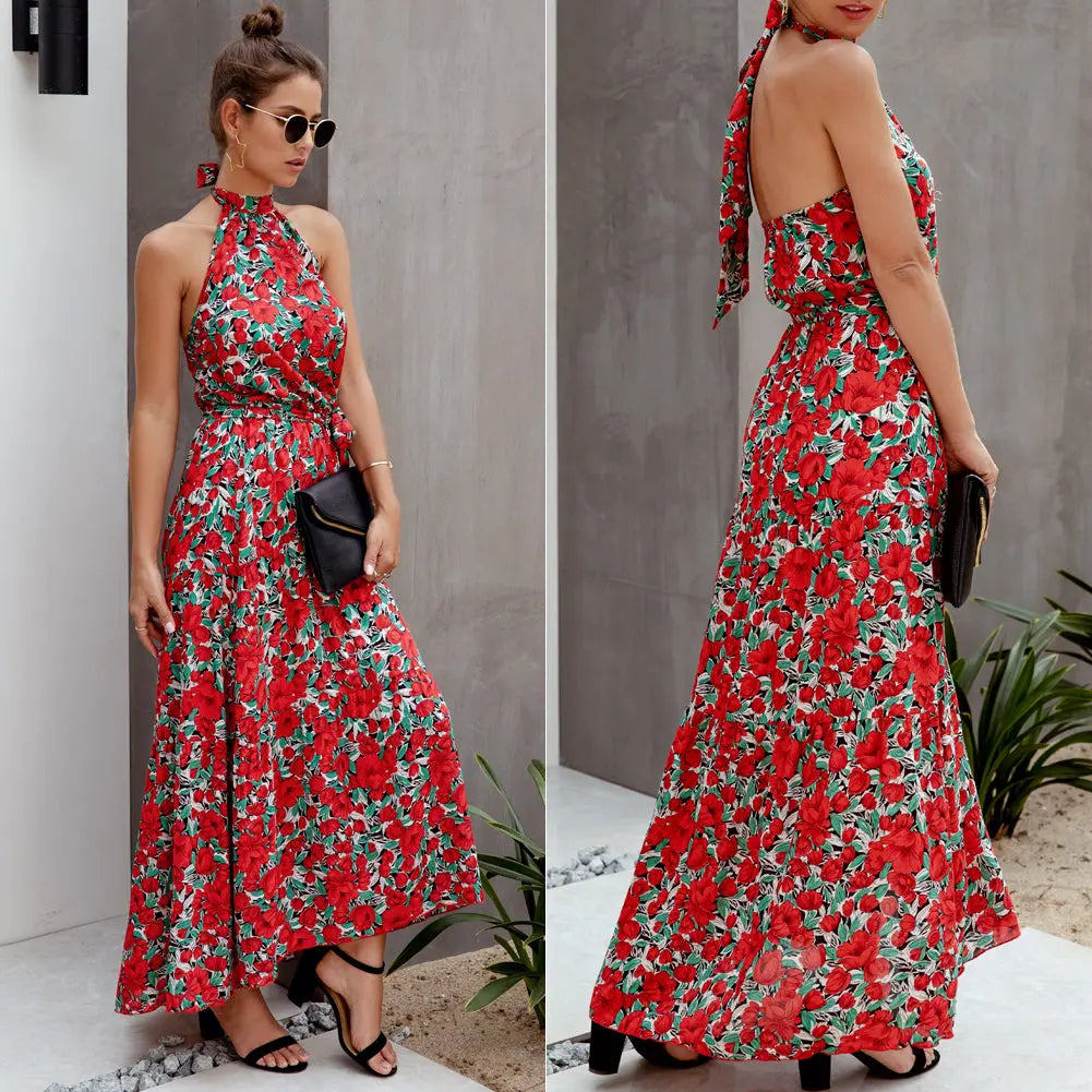 Womens Casual Halter Neck Floral Backless Long Maxi Dress PRETTYGARDEN