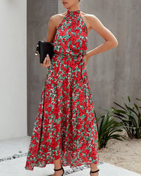 Womens Casual Halter Neck Floral Backless Long Maxi Dress PRETTYGARDEN