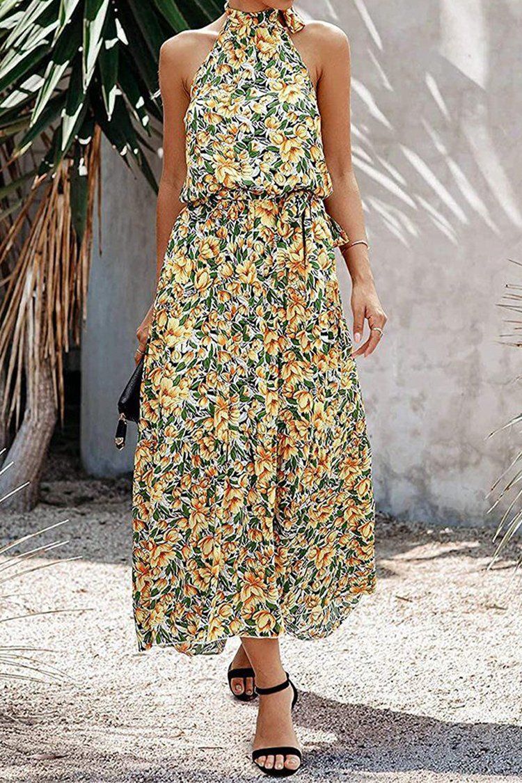 Womens Casual Halter Neck Floral Long Maxi Dress Backless Loose Ruffle Dress PRETTYGARDEN