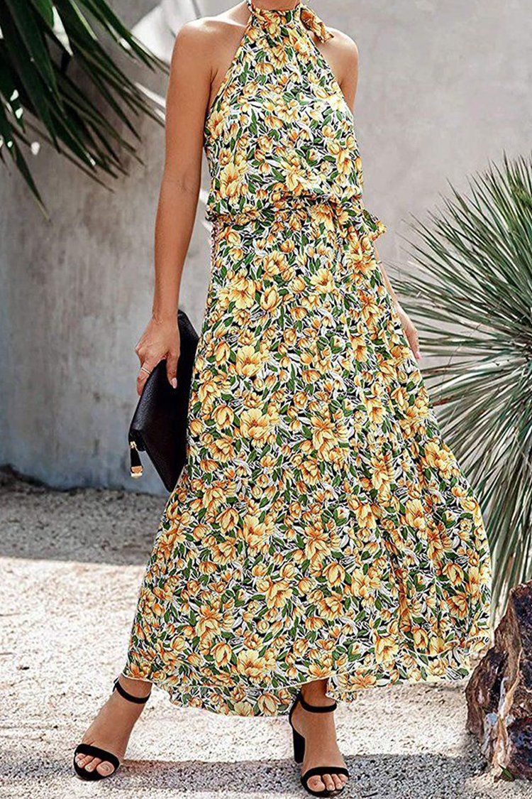 Womens Casual Halter Neck Floral Long Maxi Dress Backless Loose Ruffle Dress PRETTYGARDEN