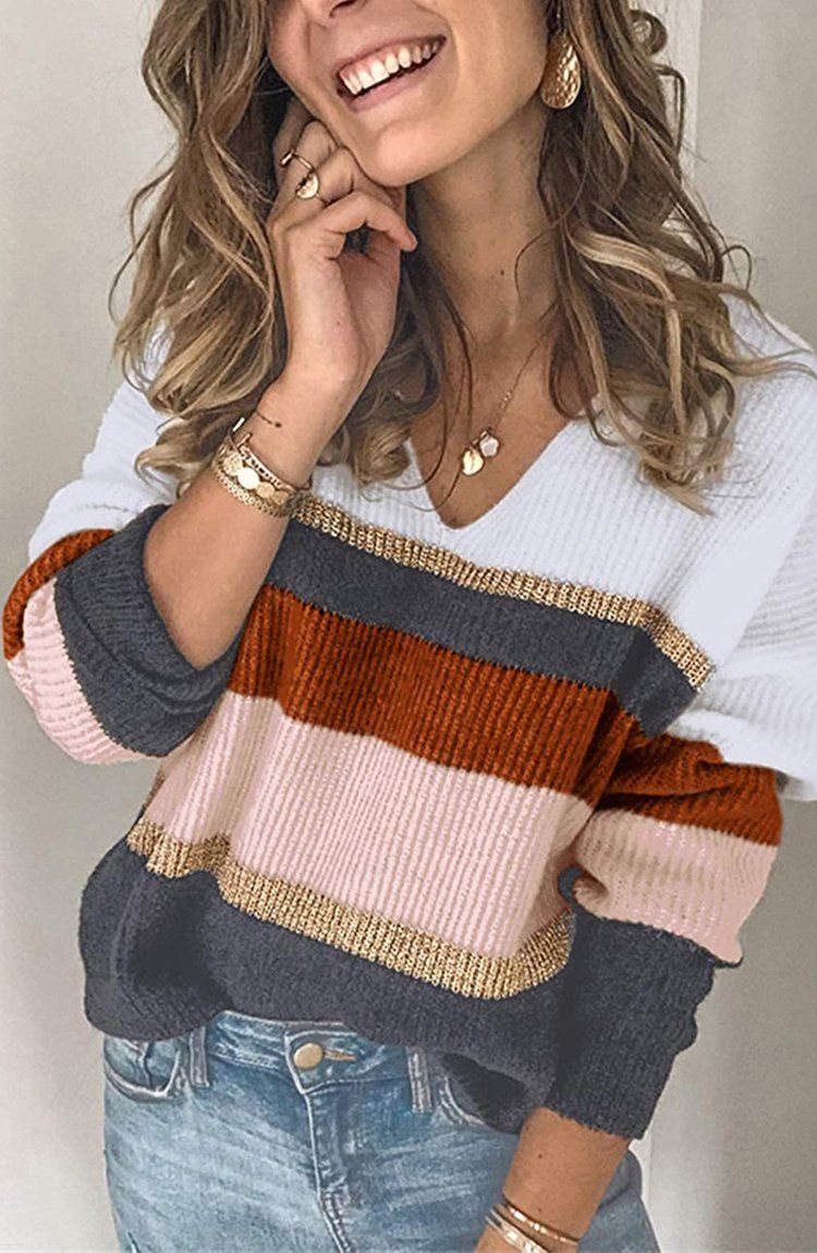 Womens Long Sleeve Sweater V neck Striped Knitted Sweater Pullover PRETTYGARDEN