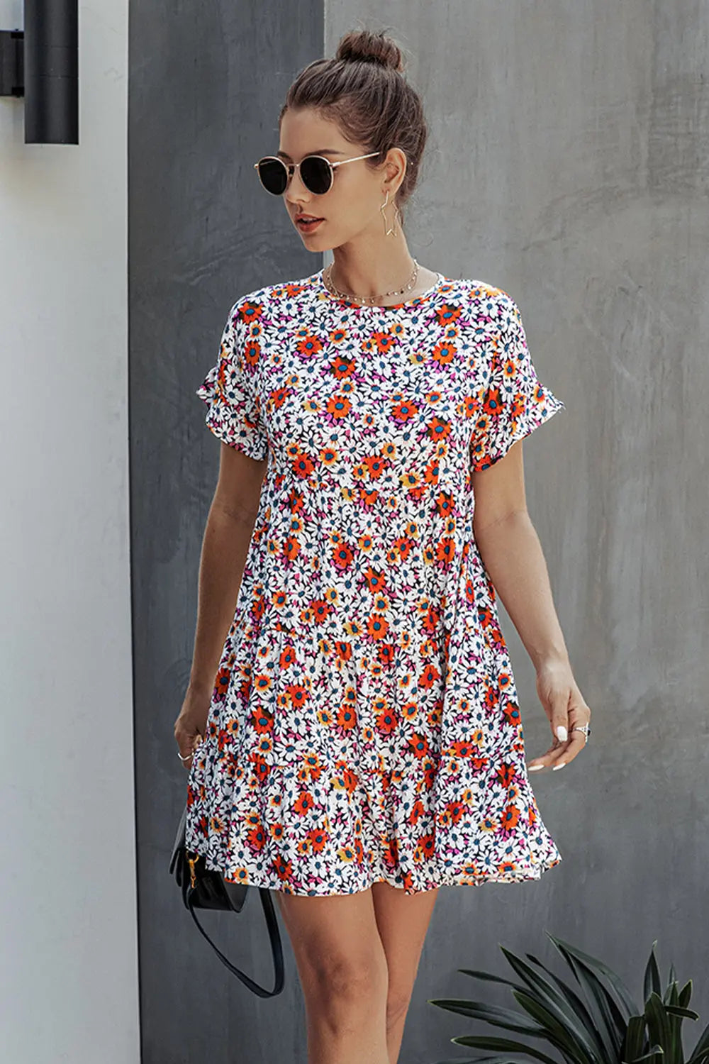 Womens Ruffle  Short Sleeves Floral  Mini Dress PRETTYGARDEN