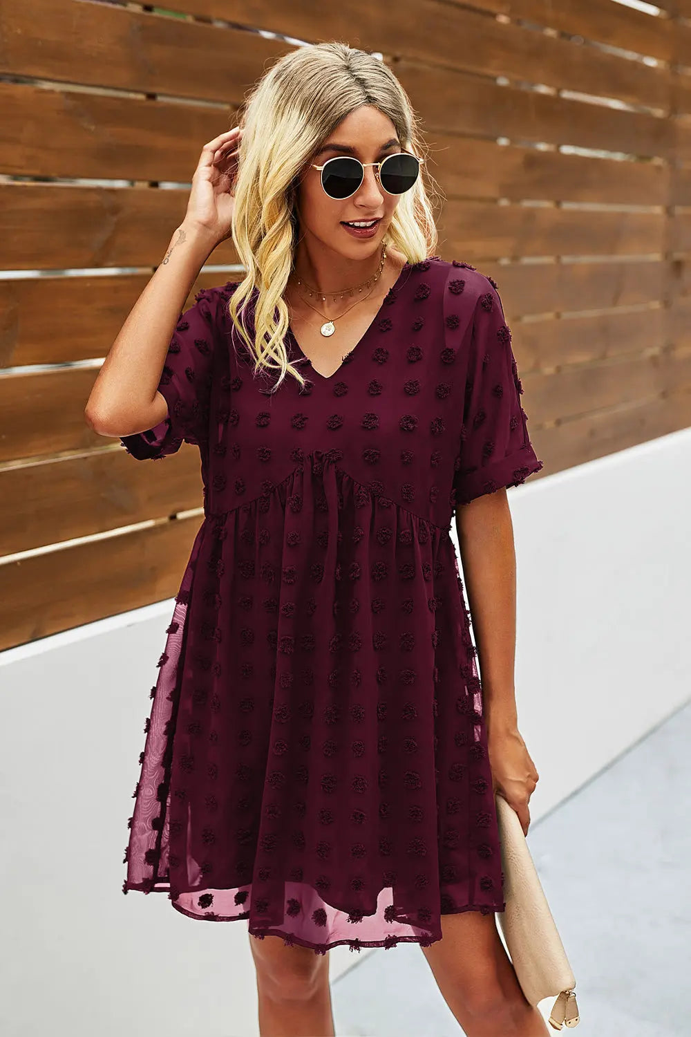 Womens Short Sleeves  V Neck Flowy Chiffon Mini Dress PRETTYGARDEN