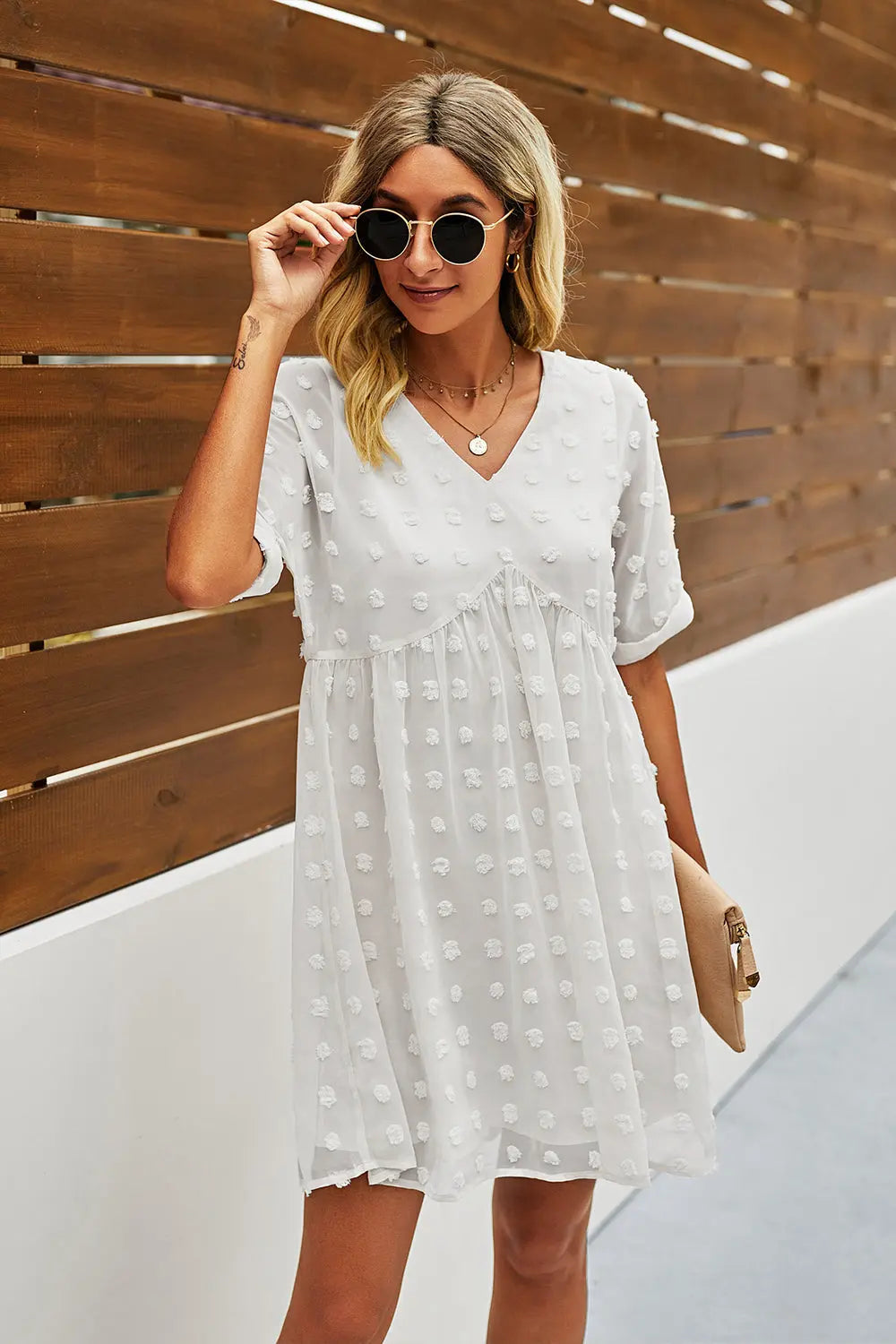 Womens Short Sleeves  V Neck Flowy Chiffon Mini Dress PRETTYGARDEN