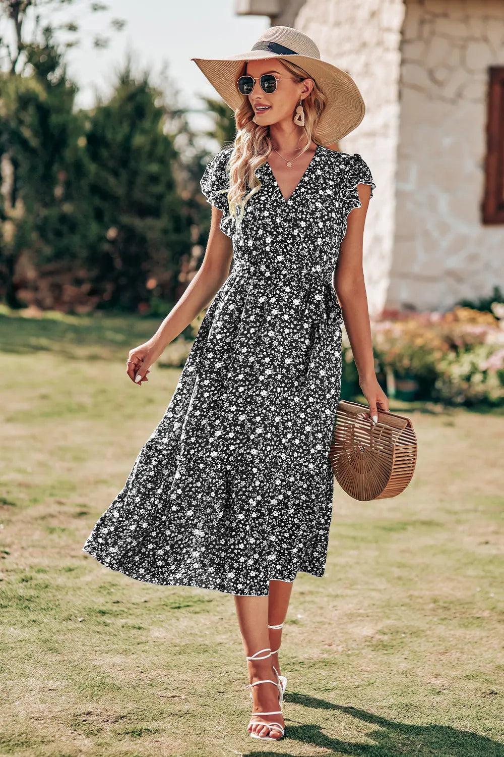 Wrap V Neck Ruffle Midi Sun Dress with Belt PRETTYGARDEN