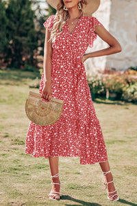 Wrap V Neck Ruffle Midi Sun Dress with Belt PRETTYGARDEN