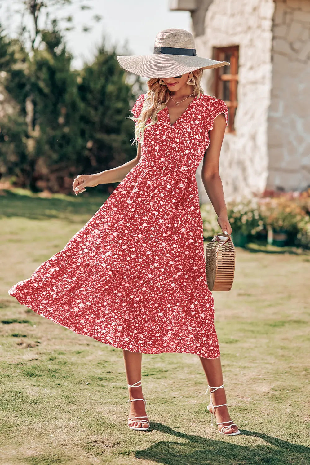 Wrap V Neck Ruffle Midi Sun Dress with Belt PRETTYGARDEN