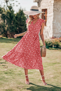 Wrap V Neck Ruffle Midi Sun Dress with Belt PRETTYGARDEN