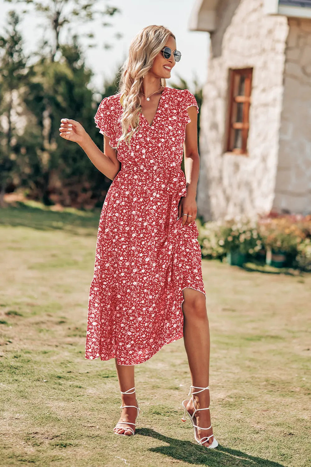 Wrap V Neck Ruffle Midi Sun Dress with Belt PRETTYGARDEN