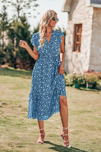 Wrap V Neck Ruffle Midi Sun Dress with Belt PRETTYGARDEN