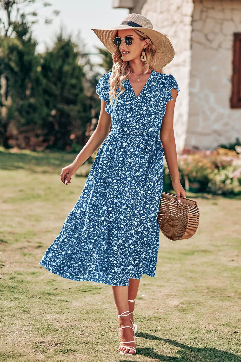 Wrap V Neck Ruffle Midi Sun Dress with Belt PRETTYGARDEN