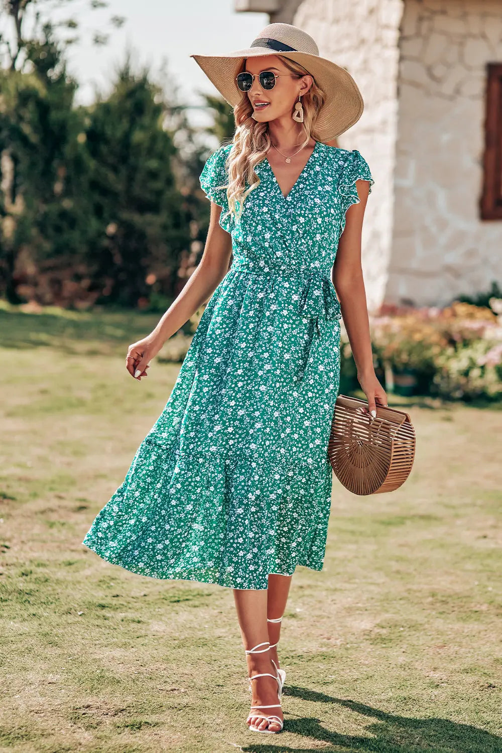 Wrap V Neck Ruffle Midi Sun Dress with Belt PRETTYGARDEN