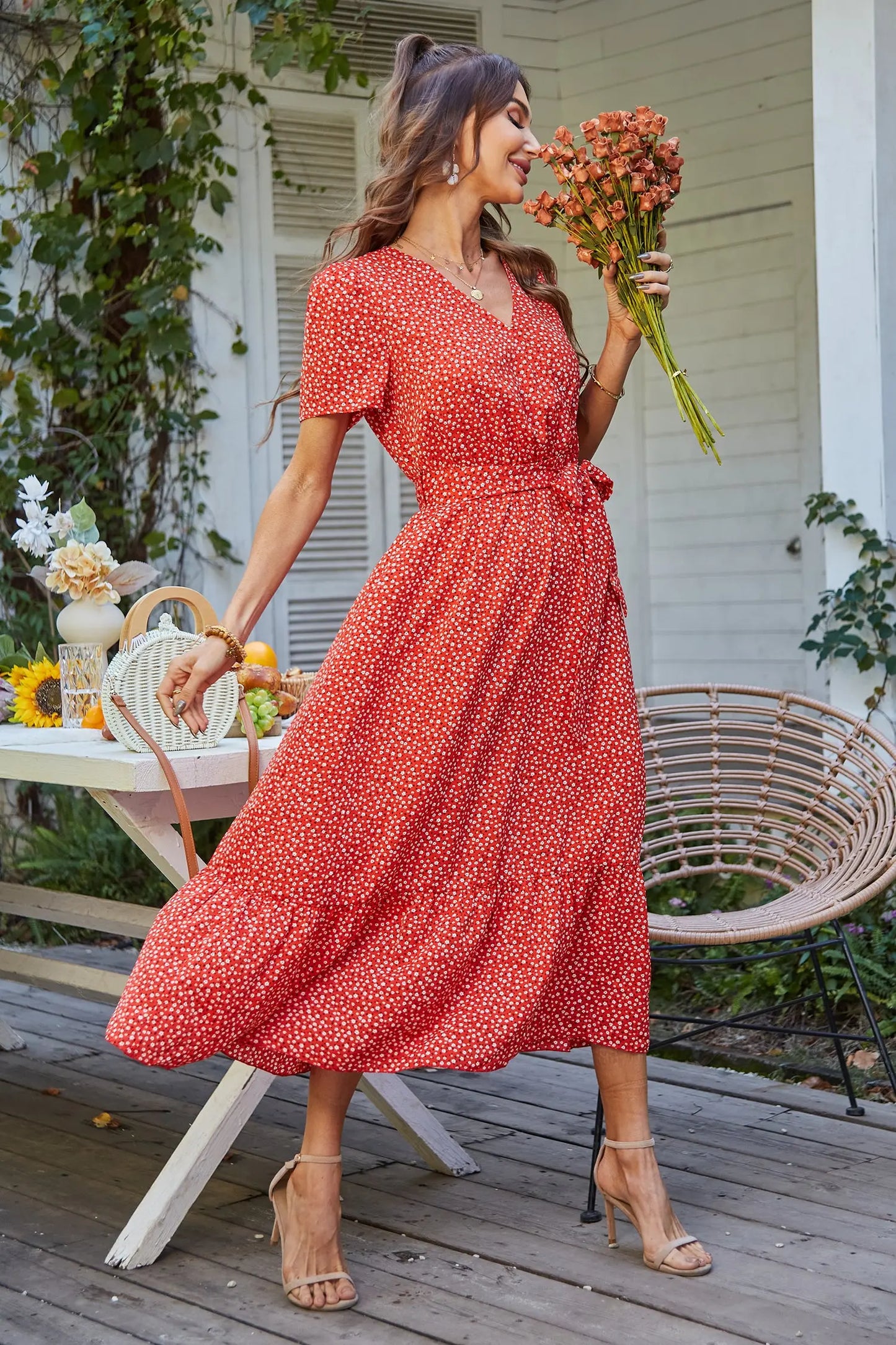 Wrap V Neck Short Sleeve Belted Ruffle Floral Summer Dress PRETTYGARDEN