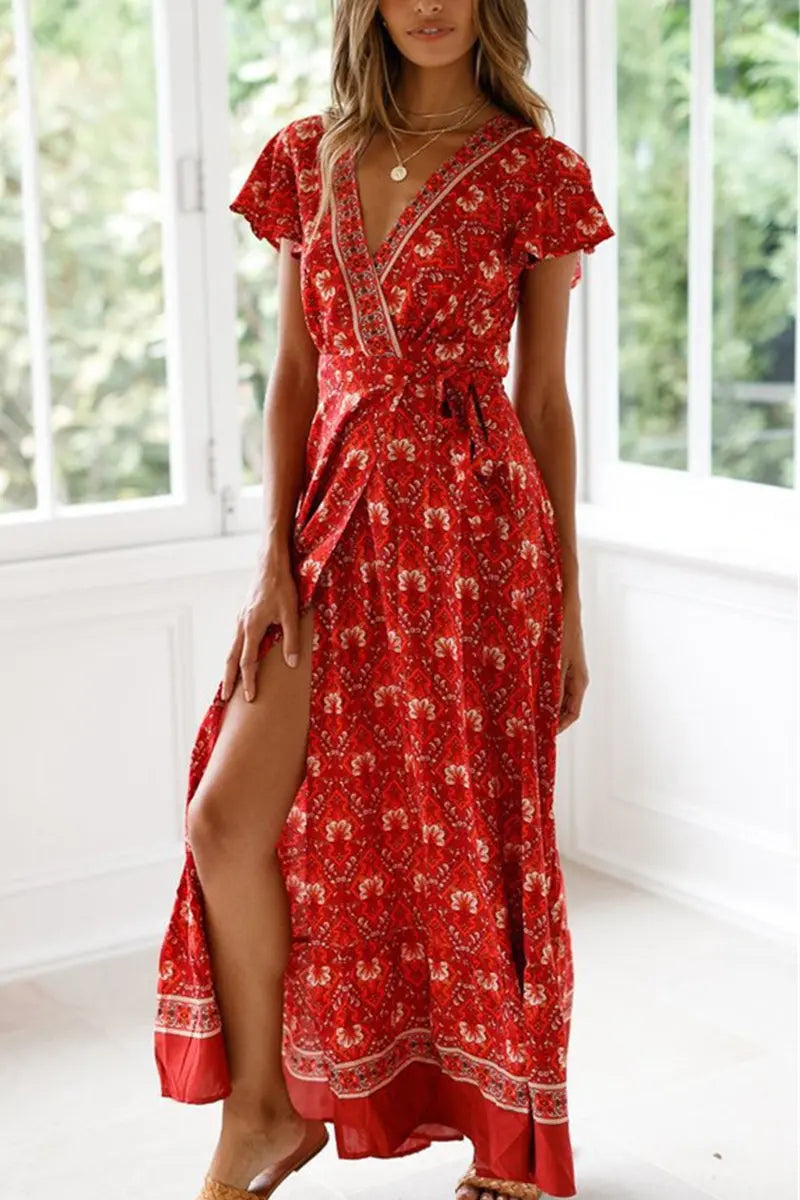 Wrap V Neck Summer Floral Split Casual Maxi Dresses PRETTYGARDEN