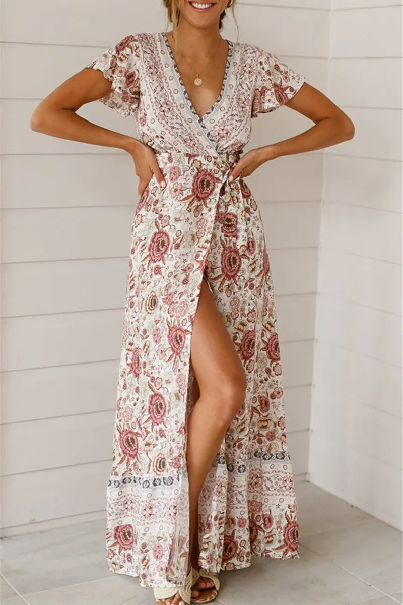 Wrap V Neck Summer Floral Split Casual Maxi Dresses PRETTYGARDEN