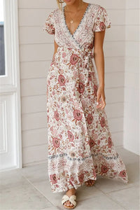 Wrap V Neck Summer Floral Split Casual Maxi Dresses PRETTYGARDEN